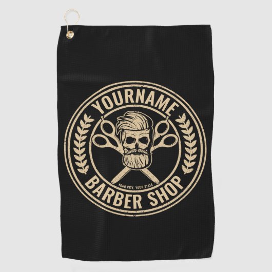 Persoonlijke herenkapper Skull Rockabilly Salon Golfhanddoek (Voorkant)