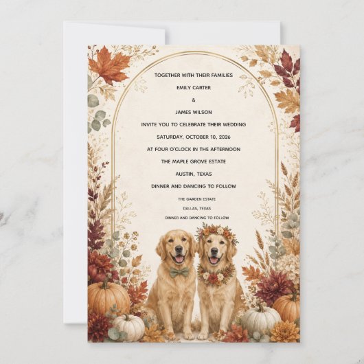 Persoonlijke herfst gouden retriever bruiloft kaart (Voorkant)