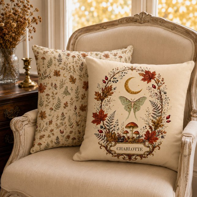 Persoonlijke Herfst Luna Moth Hekserij Botanische  Kussen (Personalized Autumn Luna Moth Witchy Botanical Throw Pillow)