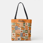 Persoonlijke herfst patchwork pup pompoen all over tote bag (Achterkant)