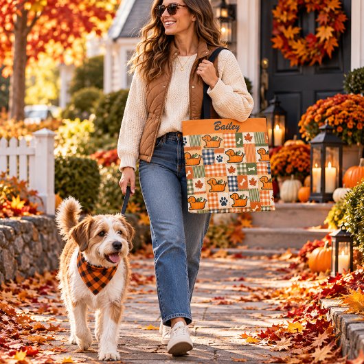 Persoonlijke herfst patchwork pup pompoen all over tote bag
