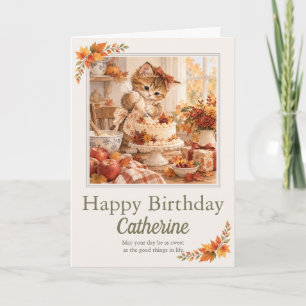 Persoonlijke herfst verjaardags kitten cake kaart