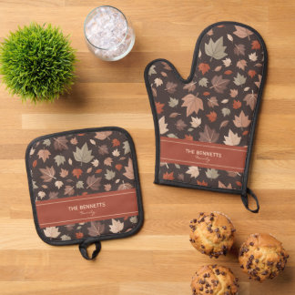 Persoonlijke herfstbladeren gezinsnaam cadeau ovenwant & pannenlap set