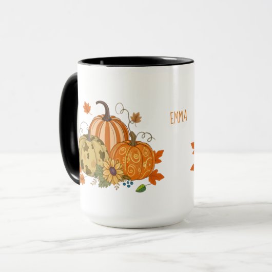 Persoonlijke herfstpompoenveld mok met eigen naam (Voorkant links)