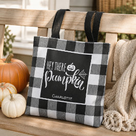 Persoonlijke Hey There Pumpkin Zwarte Buffalo Plai Tote Bag
