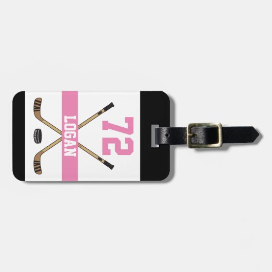 Persoonlijke hockey Player Name Number Roze Girls Bagagelabel (Voorkant horizontaal)