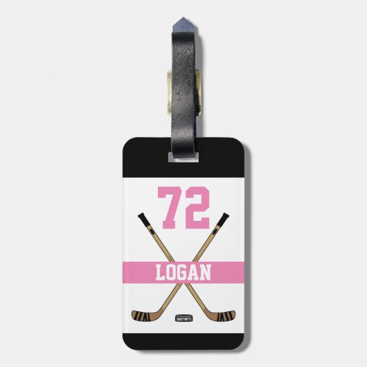 Persoonlijke hockey Player Name Number Roze Girls Bagagelabel (Achterkant verticaal)