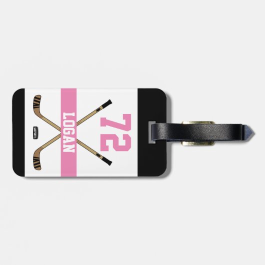 Persoonlijke hockey Player Name Number Roze Girls Bagagelabel (Achterkant horizontaal)