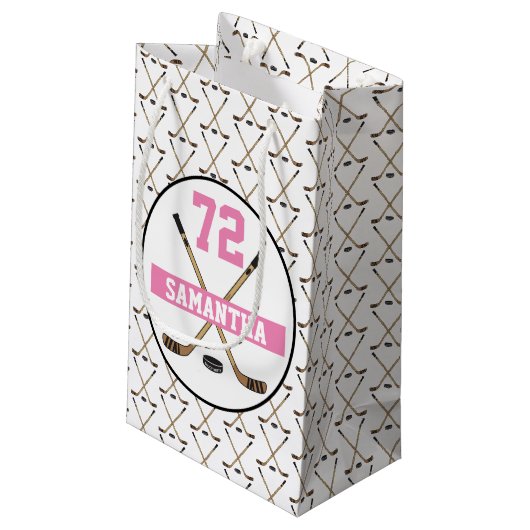 Persoonlijke hockey Player Name Number Roze Girls Klein Cadeauzakje (Achterkant Gekanteld)