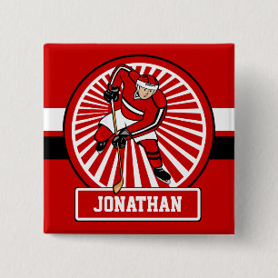 Persoonlijke Hockey Player voor rood en wit ijs Vierkante Button 5,1 Cm