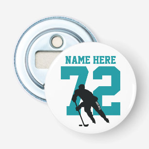 Persoonlijke Hockey Speler Naam Nummer Sharks Teal Button Flesopener