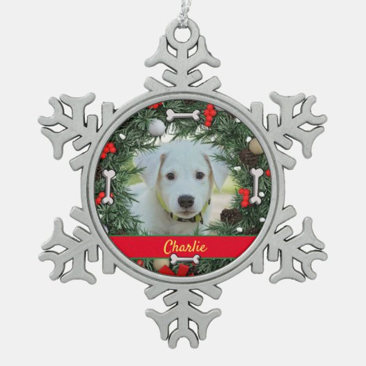Persoonlijke hond Chrismas Tin Sneeuwvlok Ornament (Voorkant)
