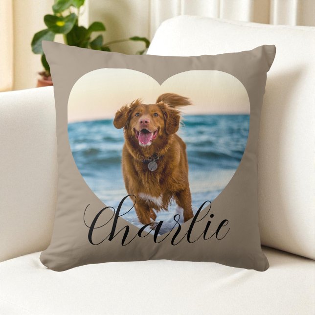 Persoonlijke Hond Foto Script Taupe Cute Hart Aang Kussen (Pet Photo Script Taupe Cute Heart Personalized Dog Throw Pillow)