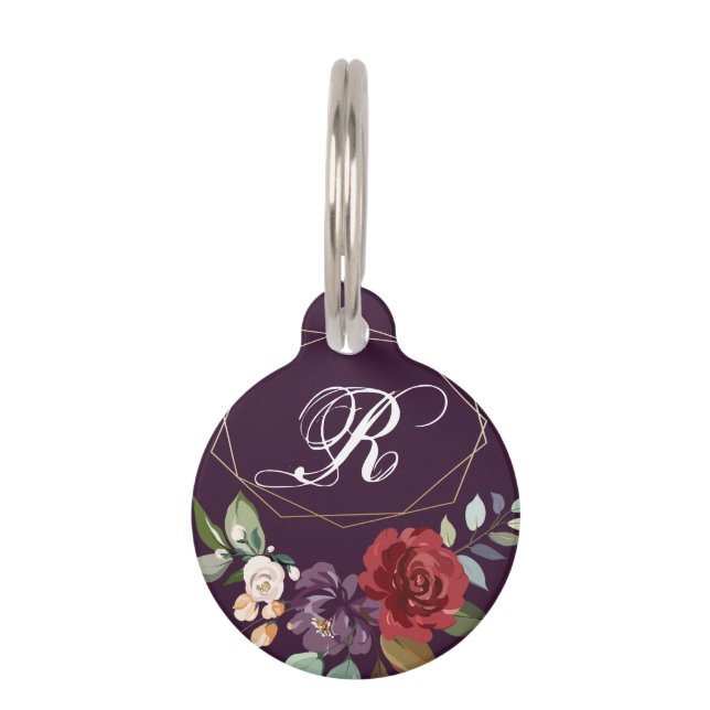 Persoonlijke Hond ID Tag Plum Paarse Rozen Gouden  Huisdierpenning (Voorkant)
