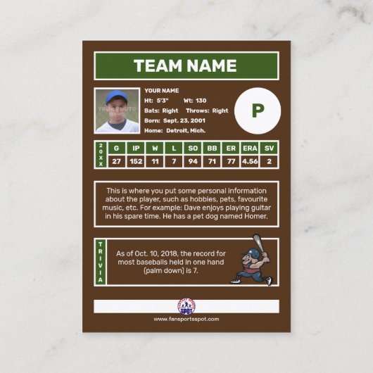 Persoonlijke honkbal Kaart (Gepersonaliseerd pitch Visitekaartje (Achterkant)