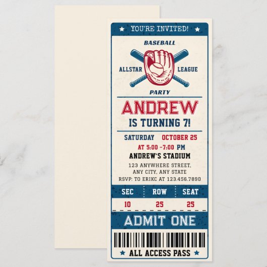 Persoonlijke honkbal sport  ticket stijl kaart (Voorkant / Achterkant)