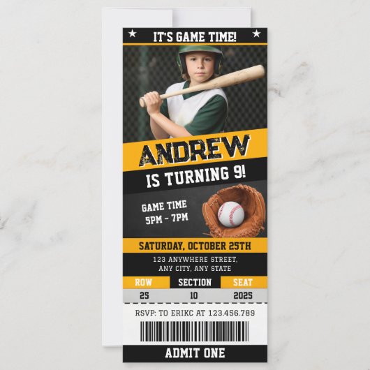 Persoonlijke honkbal ticket verjaardag met foto kaart (Voorkant)