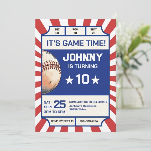 Persoonlijke honkbal verjaardagsfeestuitnodiging kaart (Staand voorkant)