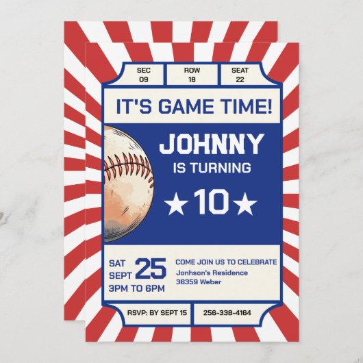 Persoonlijke honkbal verjaardagsfeestuitnodiging kaart (Voorkant / Achterkant)