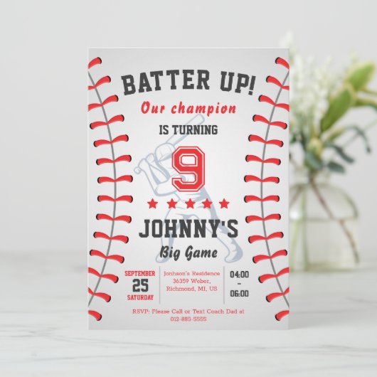 Persoonlijke honkbal verjaardagsfeestuitnodiging kaart (Staand voorkant)