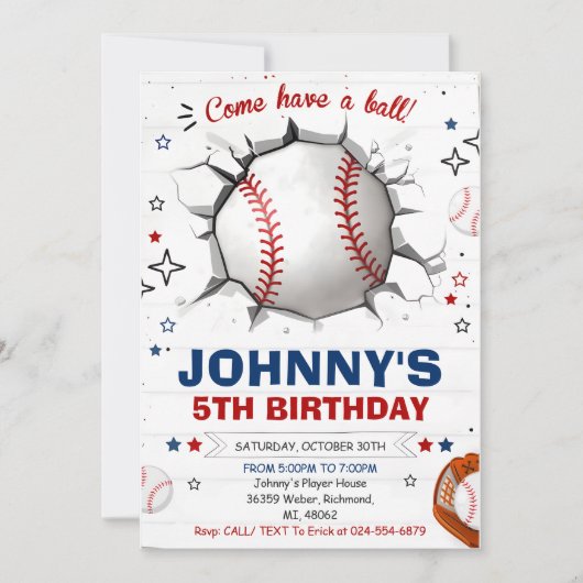 Persoonlijke honkbal verjaardagsfeestuitnodiging kaart (Voorkant)