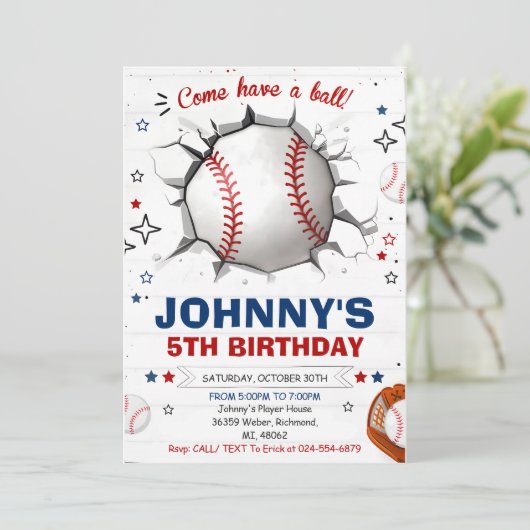 Persoonlijke honkbal verjaardagsfeestuitnodiging kaart (Staand voorkant)