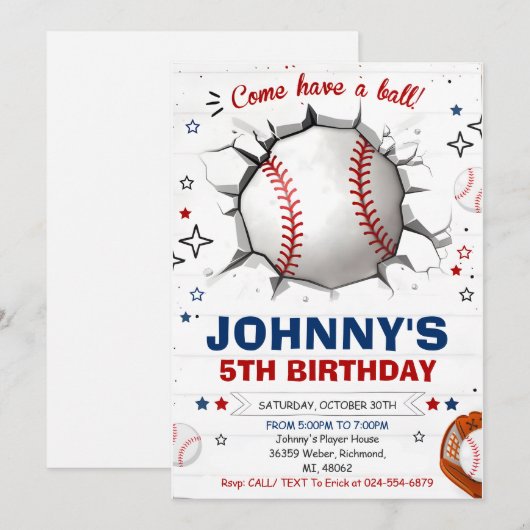 Persoonlijke honkbal verjaardagsfeestuitnodiging kaart (Voorkant / Achterkant)