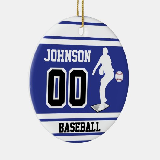 Persoonlijke honkbalpitcher | Donkerblauw en wit Keramisch Ornament (Rechts)