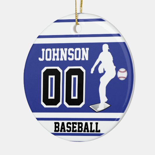 Persoonlijke honkbalpitcher | Donkerblauw en wit Keramisch Ornament (Links)