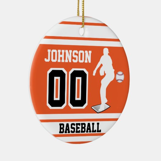 Persoonlijke ⚾ honkbalpitcher | Oranje en wit Keramisch Ornament (Rechts)