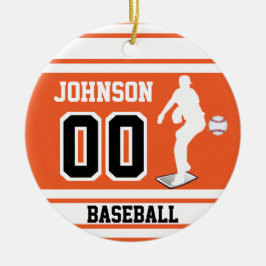 Persoonlijke ⚾ honkbalpitcher | Oranje en wit Keramisch Ornament