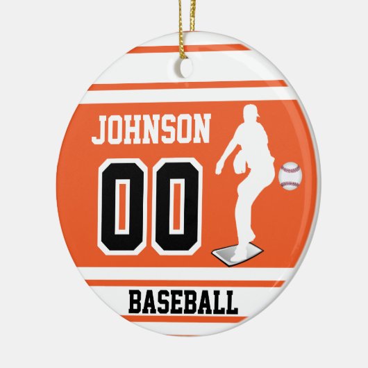 Persoonlijke ⚾ honkbalpitcher | Oranje en wit Keramisch Ornament (Links)
