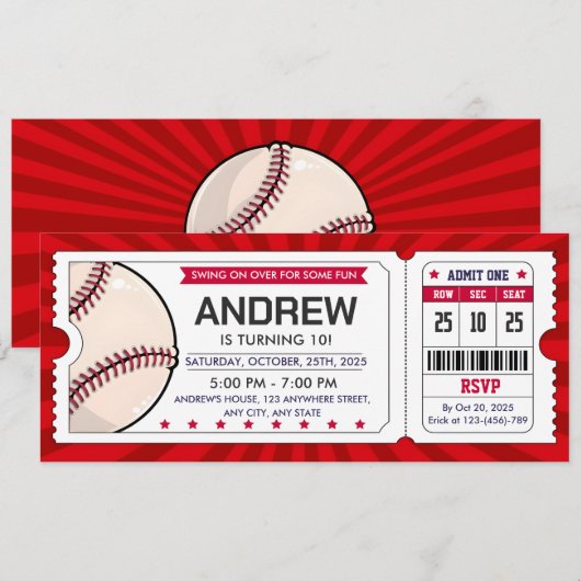 Persoonlijke honkbalticket uitnodiging (Voorkant / Achterkant)