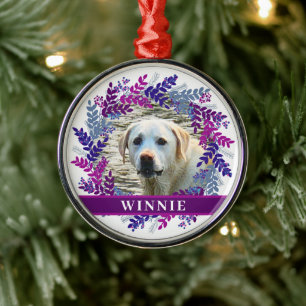 Persoonlijke huisdier foto Kerst Paarse Krans Metalen Ornament