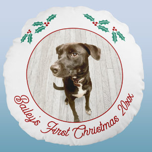 Persoonlijke huisdier pup eerste kerst foto rond kussen