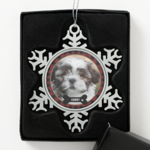 Persoonlijke huisdierfoto rode plaid elegant tin sneeuwvlok ornament
