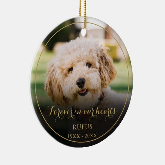 Persoonlijke huisdierherdenkingsfoto Gouden Script Keramisch Ornament (Rechts)
