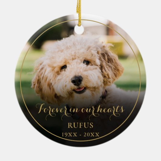 Persoonlijke huisdierherdenkingsfoto Gouden Script Keramisch Ornament (Achterkant)