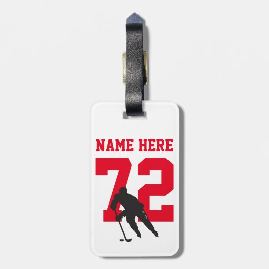 Persoonlijke ijshockeyspeler naam nummer rood bagagelabel (Achterkant verticaal)