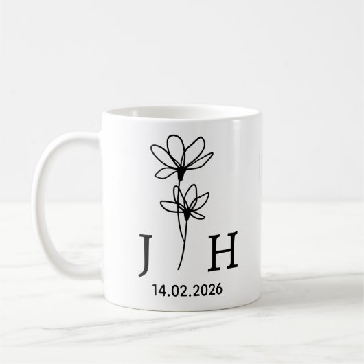Persoonlijke Initialen, Datum Bloemstuk Koppelinit Koffiemok (Links)