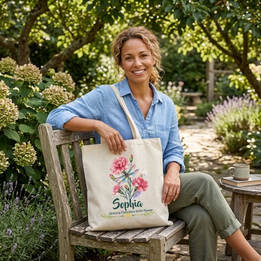 Persoonlijke januari anjer libelle boodschappentas tote bag