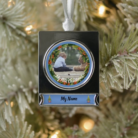Persoonlijke Jongen Baby's eerste kerstversiering Verzilverd Banner Ornament (Boom)