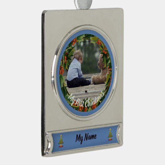 Persoonlijke Jongen Baby's eerste kerstversiering Verzilverd Banner Ornament (Rechts)