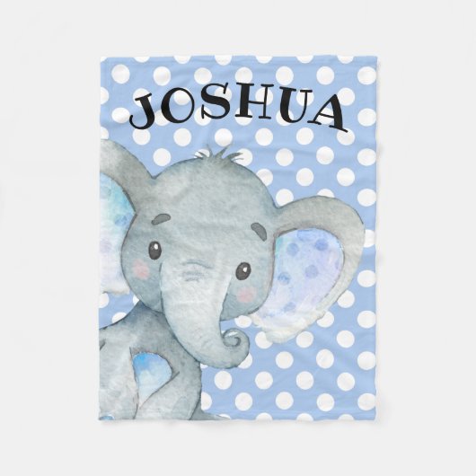 Persoonlijke jongen Elephant Cute Blue Polka Dot Fleece Deken (Voorkant)