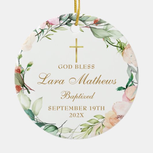Persoonlijke jongen Girl Baptism Foto Rozen Floral Keramisch Ornament (Voorkant)
