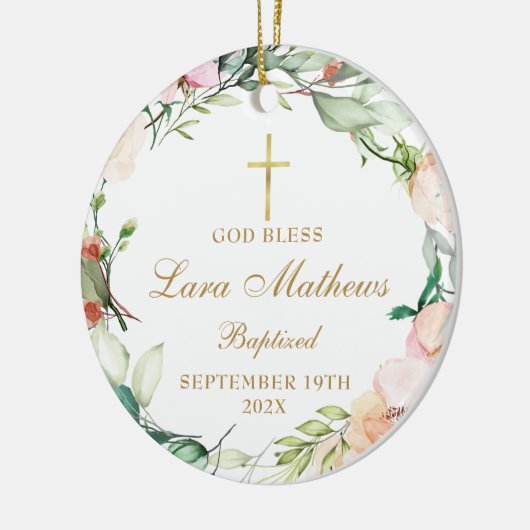 Persoonlijke jongen Girl Baptism Foto Rozen Floral Keramisch Ornament (Links)