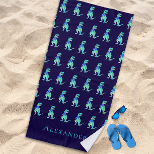 Persoonlijke Jongensnaam Dinosaurus Blauw Strandlaken