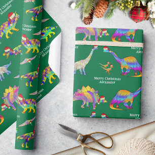 Persoonlijke Jongensnaam Kerstmis Dinosauriërs Cadeaupapier
