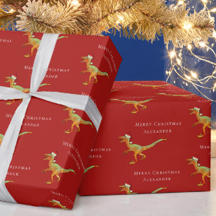 Persoonlijke Jongensnaam Kerstmis Dinosaurus Roofd Cadeaupapier