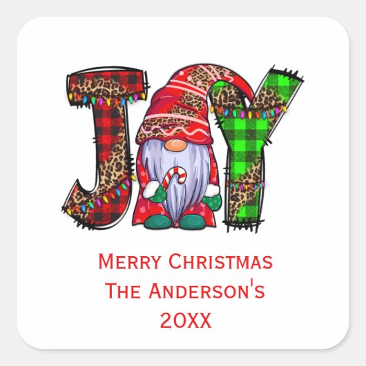 Persoonlijke Joy Gnomes Merry Kerstmis Vierkante Sticker (Voorkant)